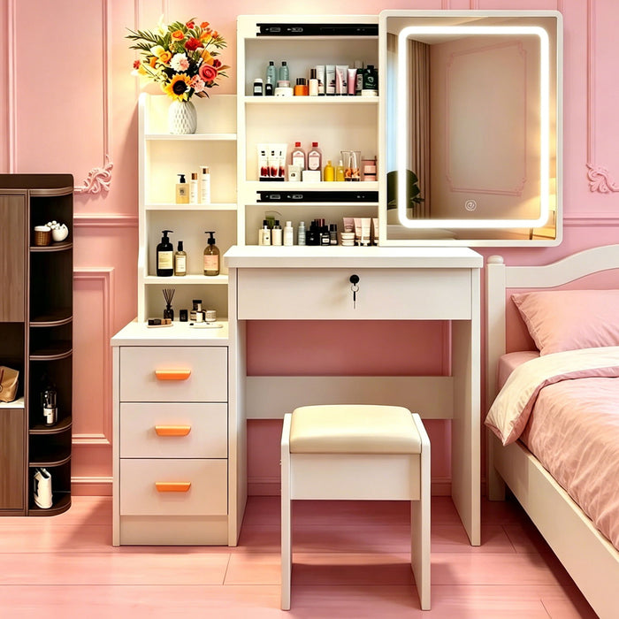 Vanity Set With LED Mirror, Storage Dressing Table & Cushioned Stool - Cream White