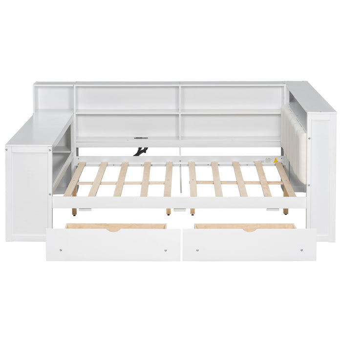 Platform Bed With Storage Shelves, Drawers, Charging Station, LED, Desk
