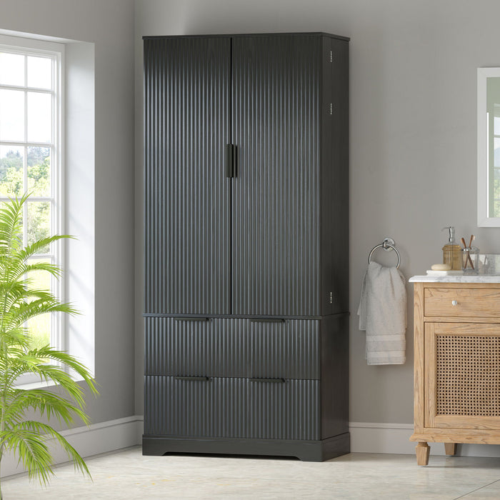 Fluted Kitchen Pantry Cabinet With 2 Large Drawers & 8 Door Spice Rack Freestanding Storage Organizer - Black