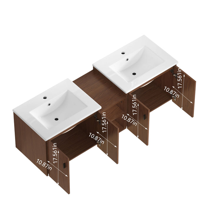 Soft Close Doors Bathroom Vanity With Small Storage Shelves, 24" And 12" Combination Cabinet - Reddish Brown