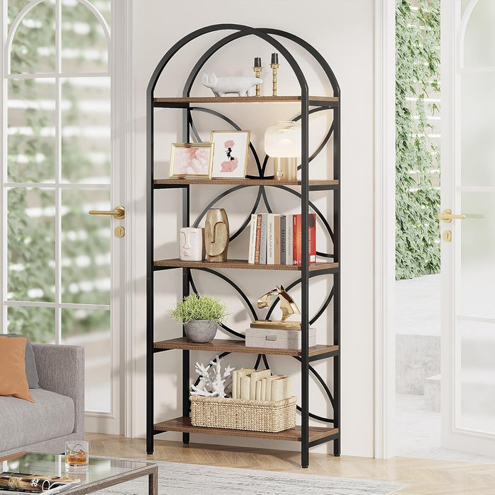 Tall 5 Tier Arched Bookshelf With Shelves For Living Room - Rustic Brown