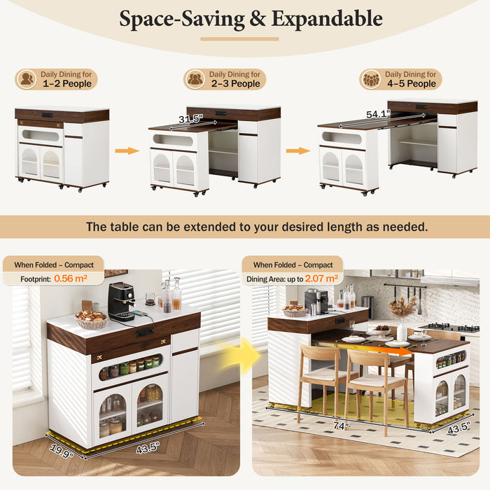 Extendable Dining Table With Folding Top, Rolling Kitchen Island With Drawers And Power Outlet