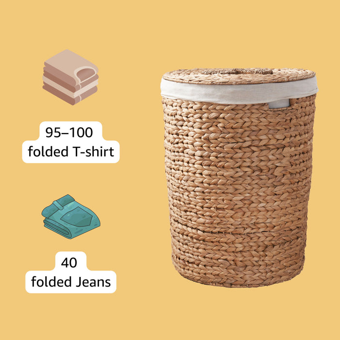 Ludmilla Round Tall Water Hyacinth Woven Wicker Laundry Hamper With Lid - For Clothes, Canvas, Toys And Book Storage With Removable Liner - 18" X 18" X 23" - Natural Brown