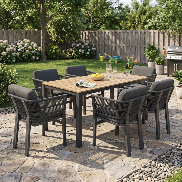 7 Piece Outdoor Dining Set With Table And 6 Chairs - Black / Teak / Gray