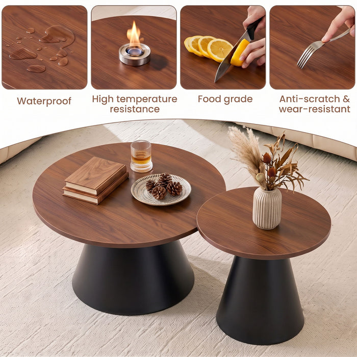 Nesting Coffee Table, Adjustable Foot Pads For Living Room (Set of 2) - Walnut / Black