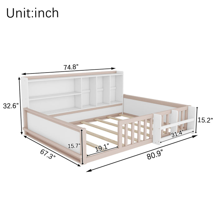 Platform Bed Frame With Guardrail, Storage Shelves & Bookshelf
