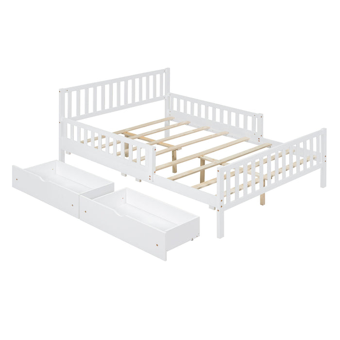Platform Bed With Guardrails On Both Sides And 2 Storage Drawers