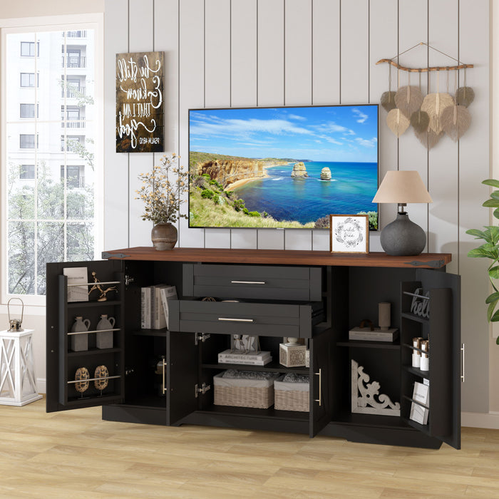Barn Door Storage Cabinet With 2 Drawers & Door Rack, Adjustable Shelves