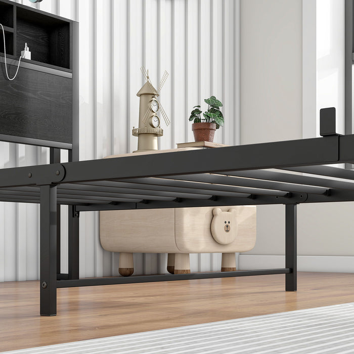 Modern Metal Platform Bed Frame With Storage Headboard And Charging Station