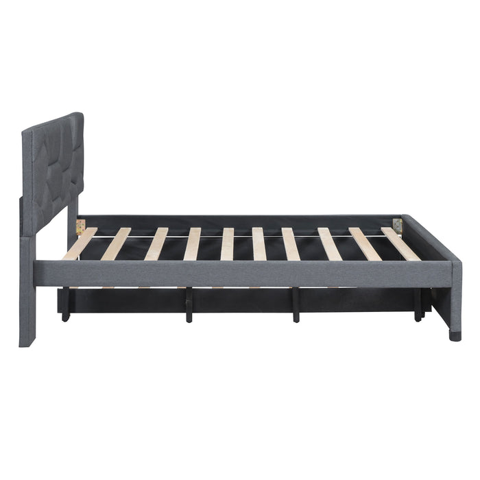 Upholstered Platform Bed With Brick Pattern Headboard And Twin Long Size Trundle
