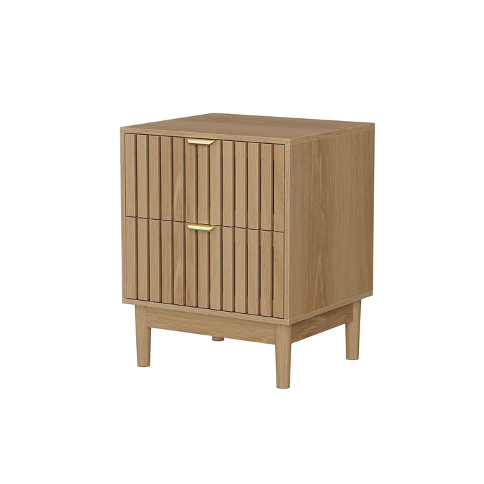 Bedside Table With Grille Design And 2 Drawers, Side Table For Bedroom - Oak