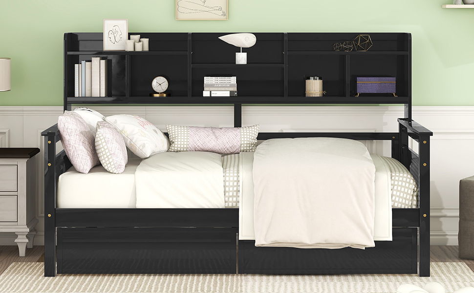Daybed, Slat Support, With Bedside Shelves And 2 Drawers