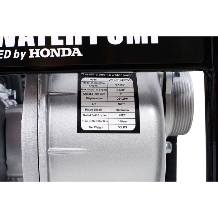 Honda - Gx160 Engine Water Pump 3" 264Gpm With Accessories Kit And Handle Wheel Kit - Black / Red