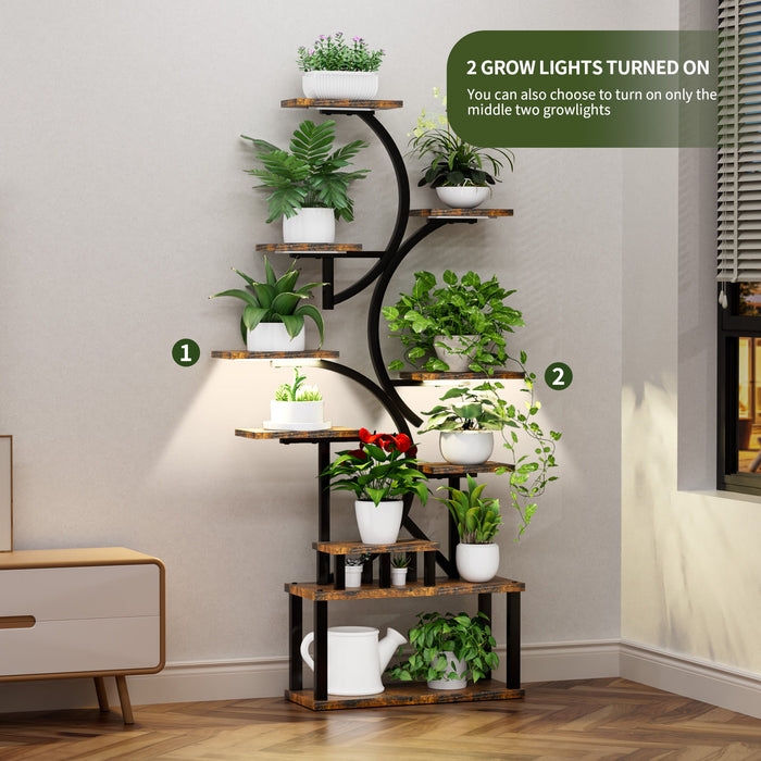 S - Shaped, 10 Tier Plant Stand With 5 Grow Lights - Deep Rustic Brown