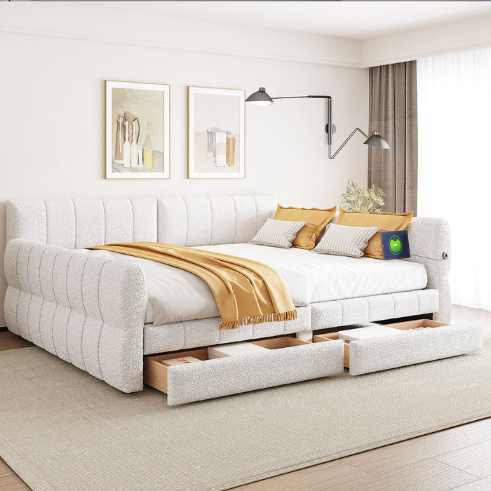 Queen Upholstered Platform Bed With USB Charging And 2 Storage Drawers - White