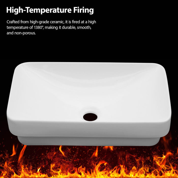 Semi Recessed Bathroom Sink With Countertop Vessel Design, 19" X 12" - White