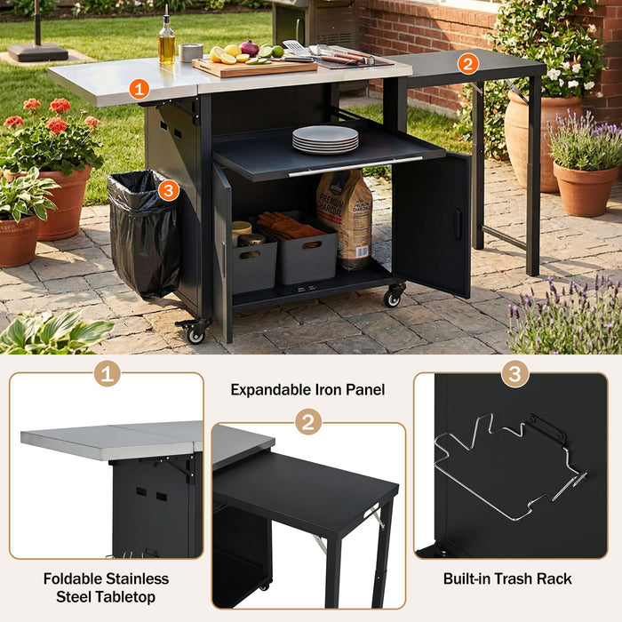 Foldable Outdoor Prep Station BBQ Cart With Trash Rack