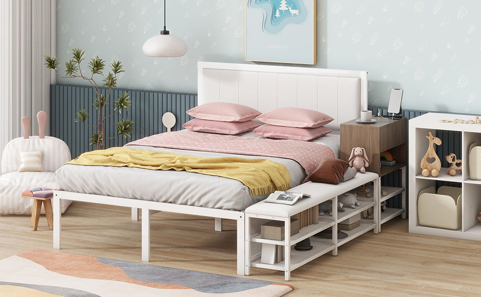 Platform Bed With 2 Tier Storage Shelves, Storage Cabinet