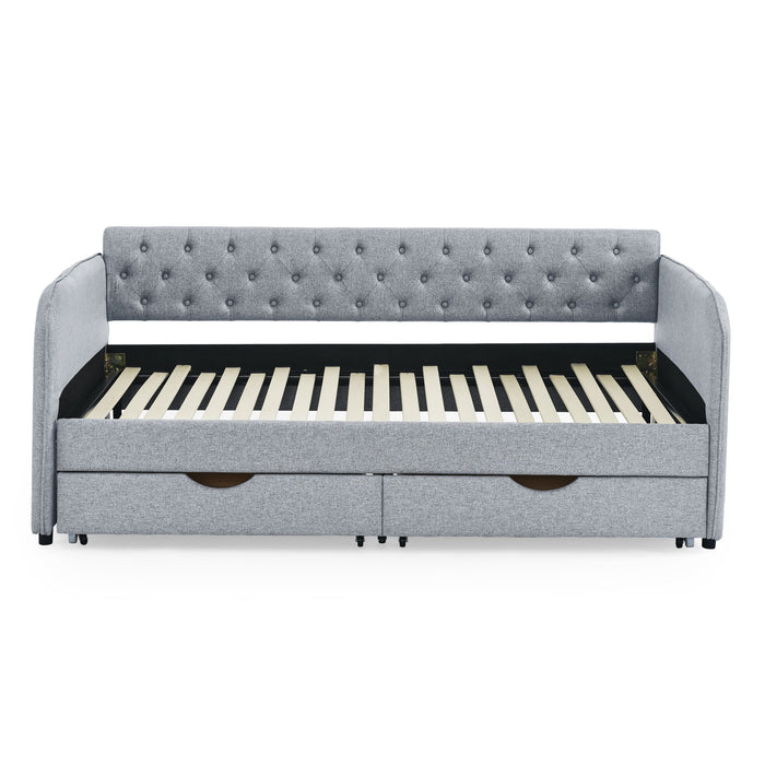 Daybed With Trundle And Storage Drawers, Flat Arms With Pocket