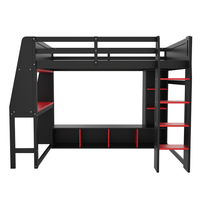 Gaming Loft Bed With Desk, Multi Storage Shelves, LED Lighting, And Hanging Clothes Rack