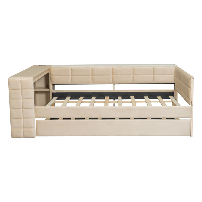 Upholstered Platform Bed With Storage Shelves, Desk, Charging Station And Trundle