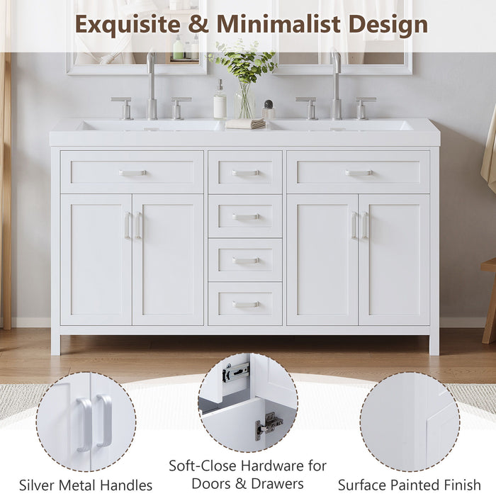 59.1" Minimalist Double Sink Bathroom Vanity With Top, Soft Close Doors & Drawers - White