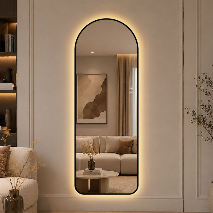 65" X 24" Arched LED Full Length Mirror With Frame, 3 Color Temperatures & Stepless Dimming - Black