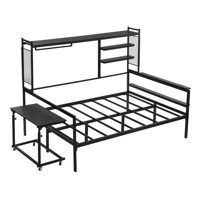 Daybed With Movable Desk, Grid, Shelves And Clothes Hanger