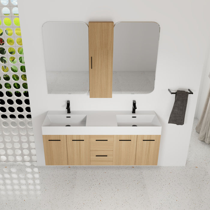 Floating Double Sink Bathroom Vanity Set With Tall Linen Cabinet, Drawers And Doors, Extra Large Storage, Integrated Sink, Soft Close Hardware - Glossy White / Light Oak