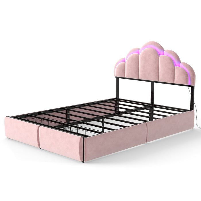 Full RGB LED Upholstered Platform Bed With Petal Headboard And Storage Drawers For Kids Bedroom - Pink