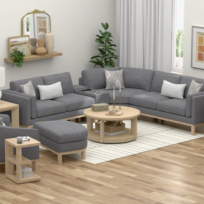 Maeve - Console Sectional, With Pillows, Wireless Speaker, Two Wireless Charging Areas, One USB-C And Two USB-A Ports, And Two Stainless Steel Cupholders - Thundercloud