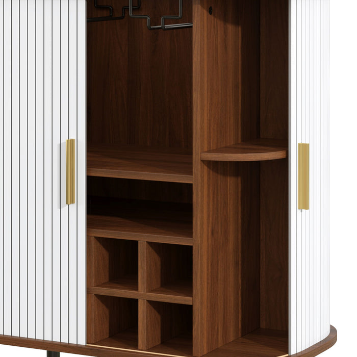 Fluted Wine Bar Cabinet With 8 Grid Wine Rack, 5 Level Adjustable Shelves, 2 Glass Holders