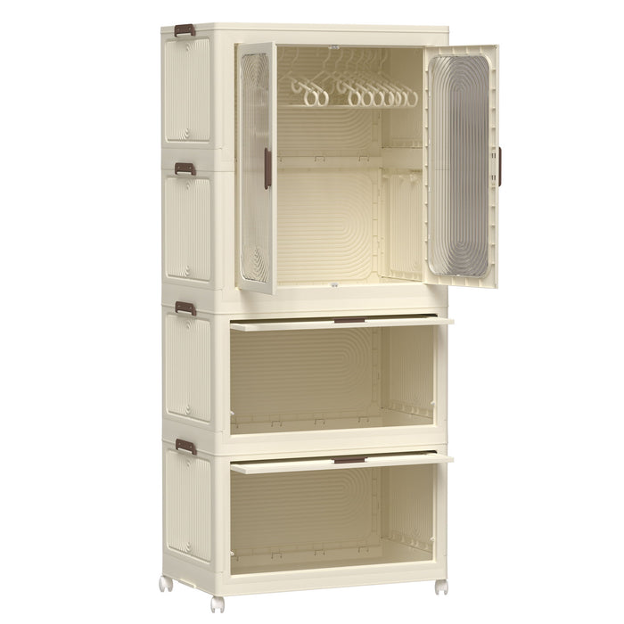 Portable Wardrobe Closet Storage Organizer With Magnetic Doors And Hanging Rod - Cream White