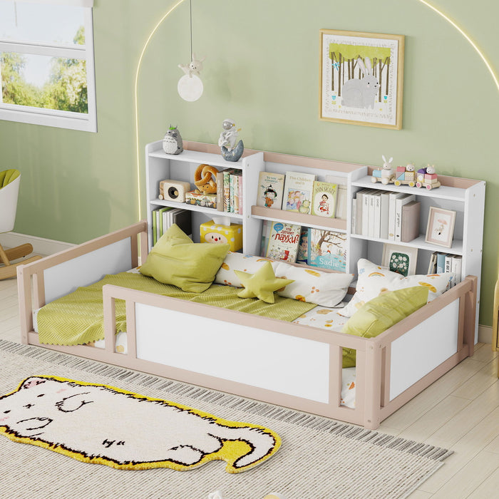 Platform Floor Bed With Guardrail Fence And Side Storage Shelves