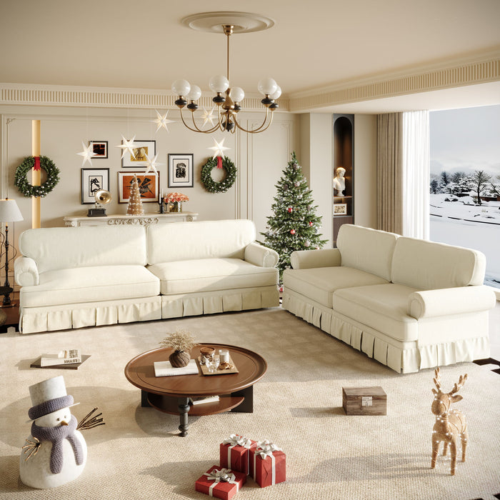 Luxuriously Comfortable Cloud Couch Sofa With Elegant Rolled Arms & Pleated Skirt Design