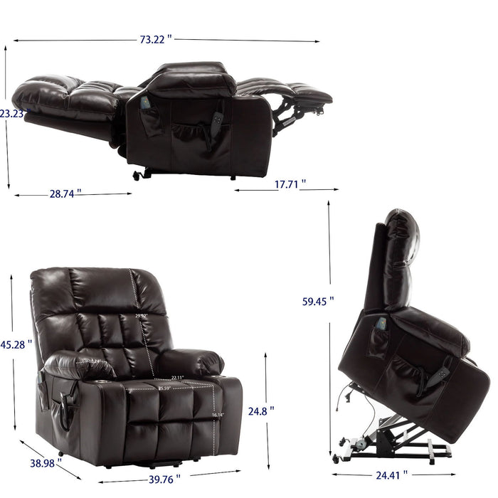 Lift Chair With Heat & Massage, 2 Pockets, 2 Cup Holders, Dual Remote - Wine Red