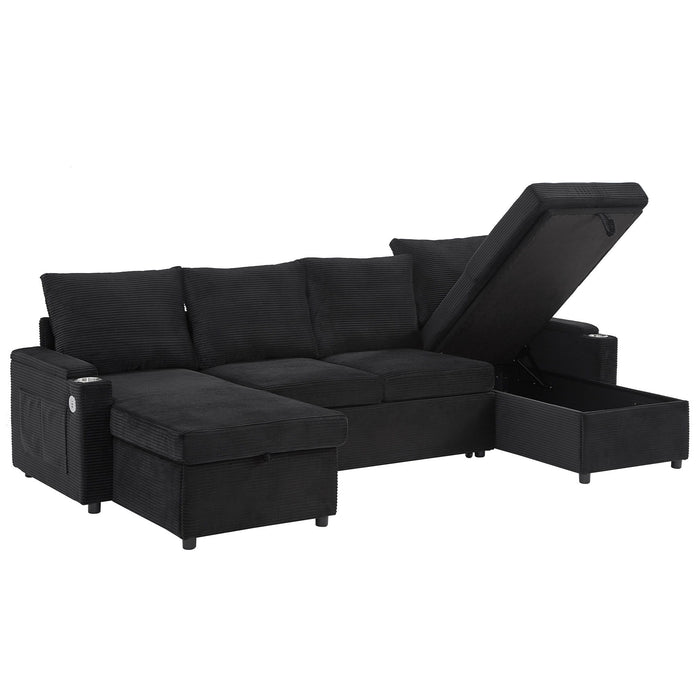 U Shaped Sectional Sofa Bed With Storage Chaise Lounges, USB Ports, And Cup Holders