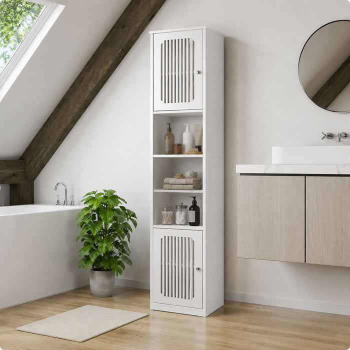 Tall Bathroom Cabinet With Adjustable Shelves, Louvered Door Floor Standing Storage Unit - White