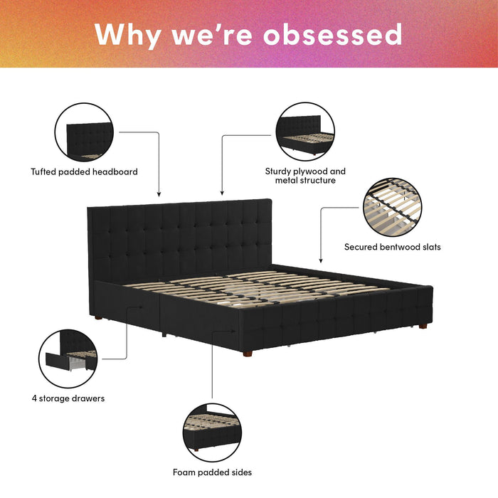 King Upholstered Bed With Storage - Black
