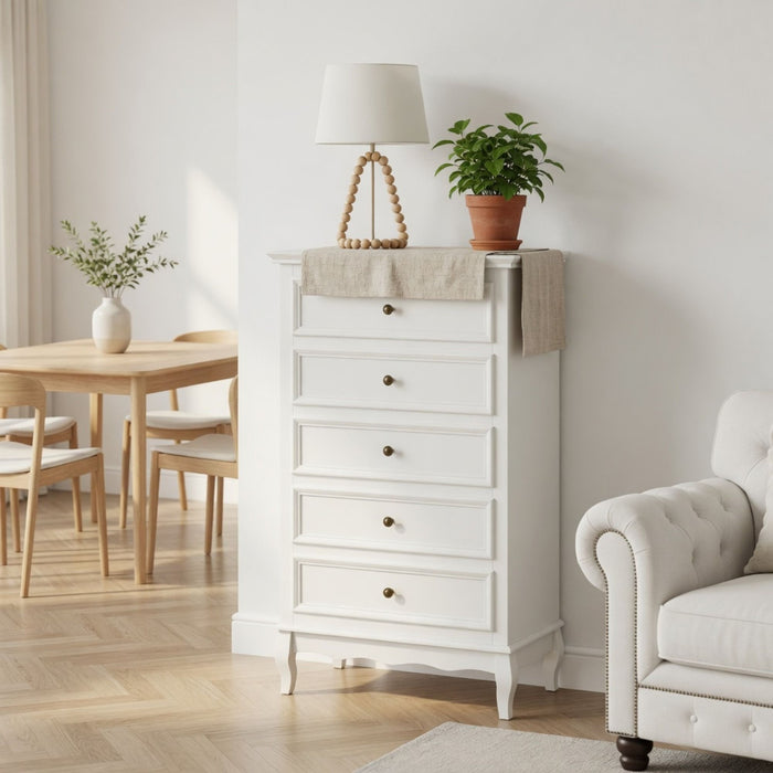 5 Drawer Tall Wide Chest Of Drawers - White