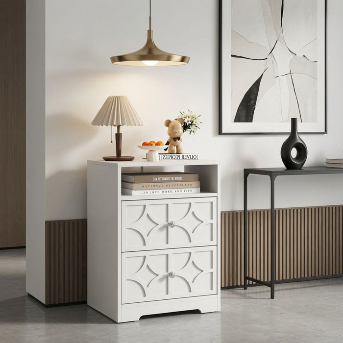 Nightstand With Diamond Carvings Handles, 2 Drawers & Charging Station