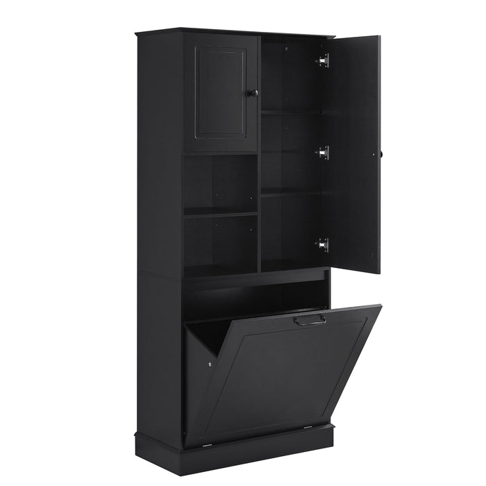 Modern Tall Storage Cabinet With Adjustable Shelves, Flip-Out Basket & Enclosed Doors