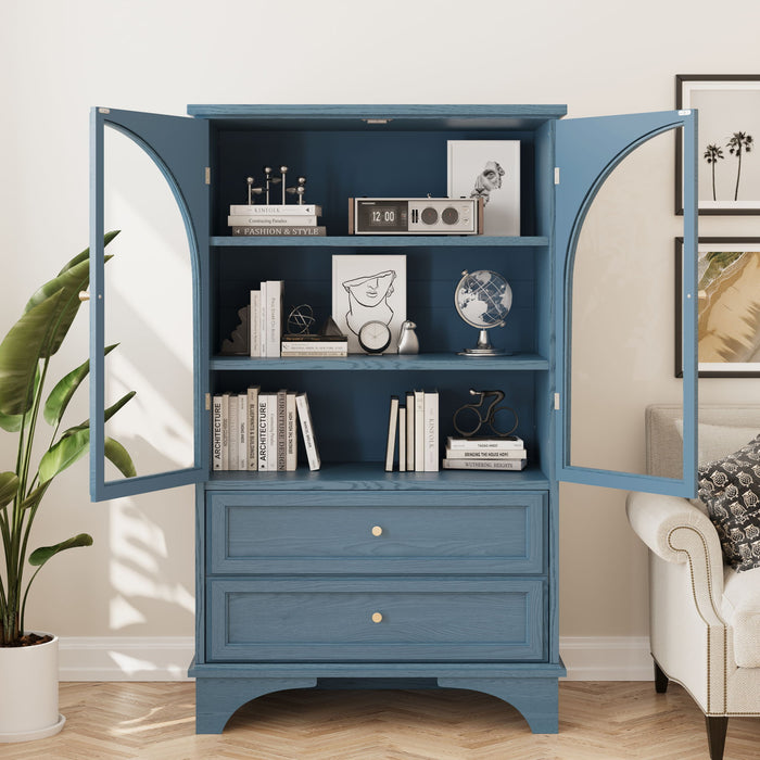 Glass Door Display Case With 2 Drawers And Adjustable Shelf