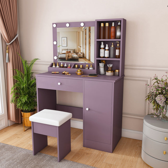 Vanity Desk Set With Padded Stool And Adjustable LED Mirror, 3 Color Light Modes - Purple