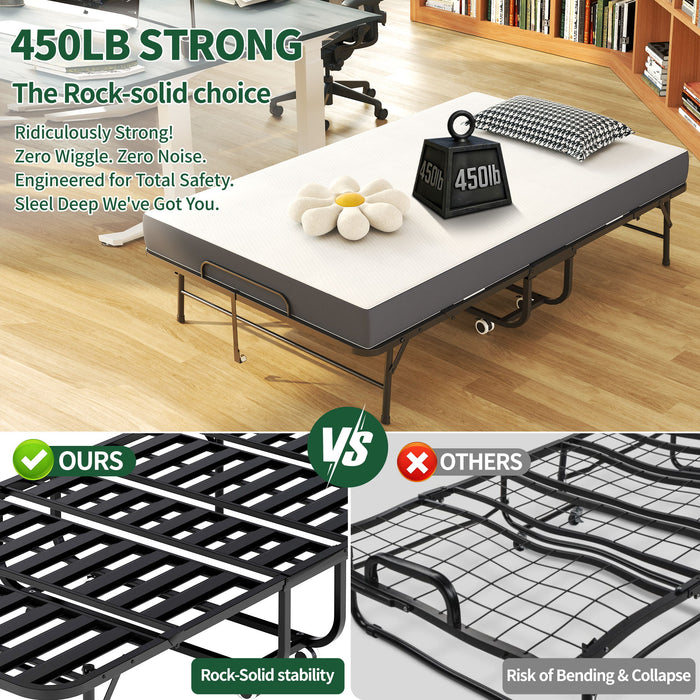 Twin Wide Folding Bed For Tall People, Extra Long & Wide Rollaway With Memory Foam, Heavy-Duty Capacity Guest, Spacious Portable Cot - Black