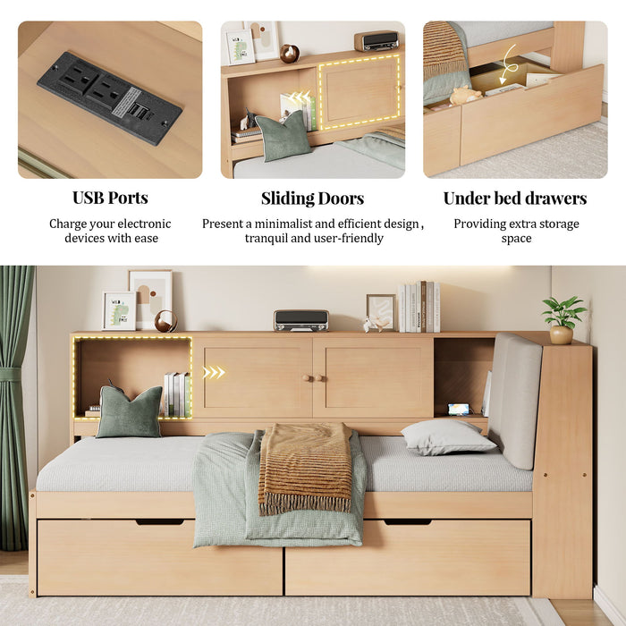 Twin L - Shaped Daybed With Storage Bookcase, Upholstered Headboard, USB Charging Ports & Hidden Drawers - Natural