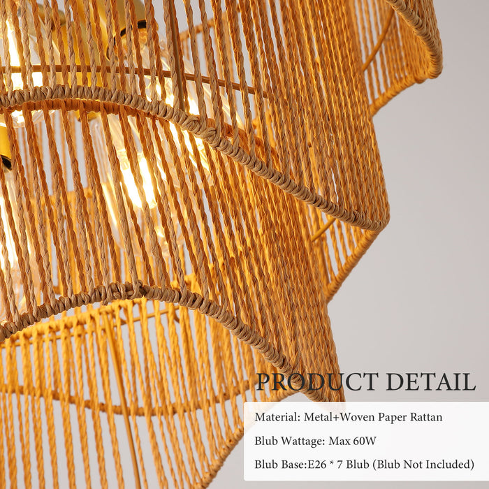 Chandelier With 7 Light E26 Base, Adjustable Height Wave Pendant Light For Living Room - Gold