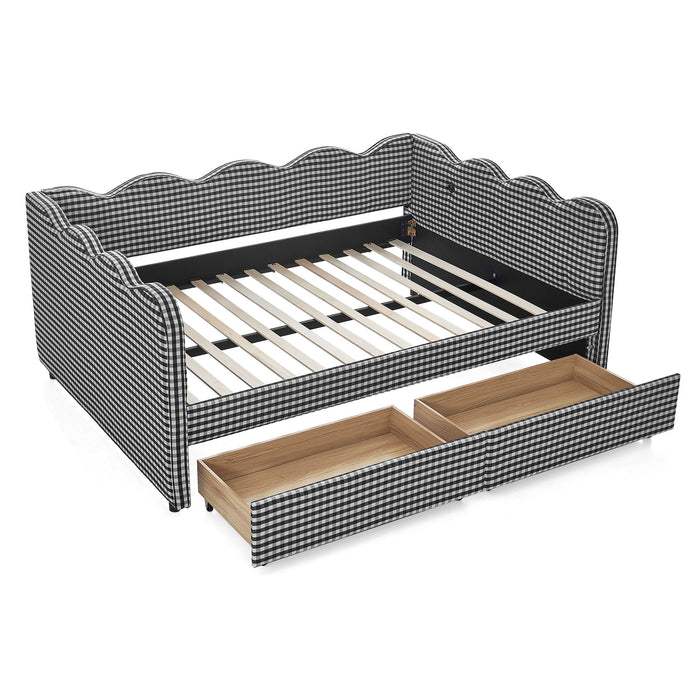 Gingham Daybed With USB Charging Port, Wave-Shaped Design