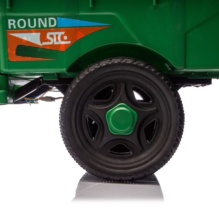 12V Kids Electric 3 Wheel Cargo Truck, 2Wd, Anti Slip Wheels, Large Storage, Extra Wide Seat With LED Lights & Music - Green