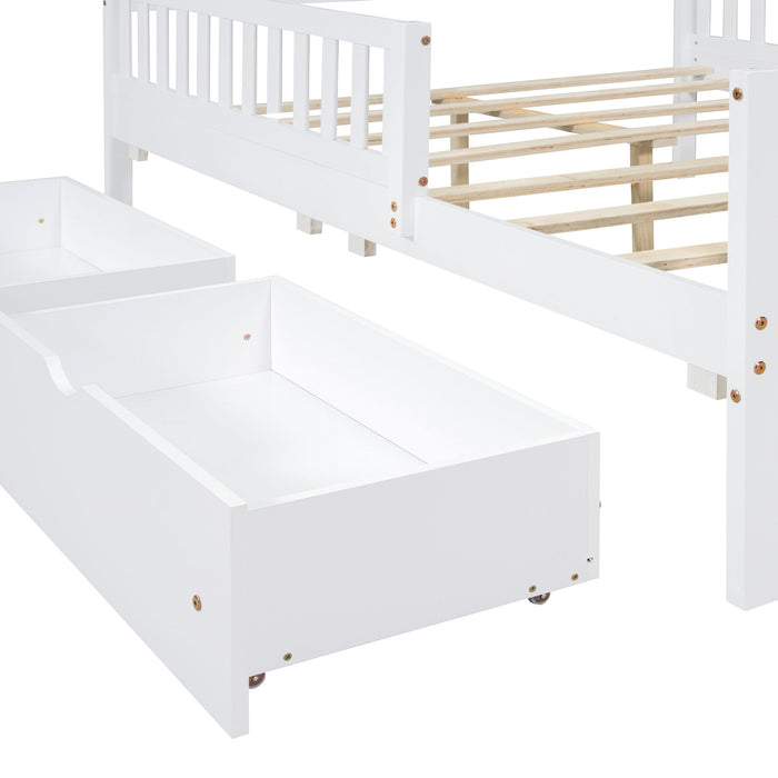 Platform Bed With Guardrails On Both Sides And 2 Storage Drawers
